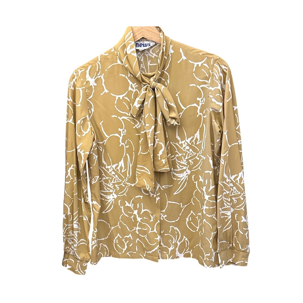 Vintage News Blouse Neck Tie Mustard Yellow Floral Officecore Retro Secretary